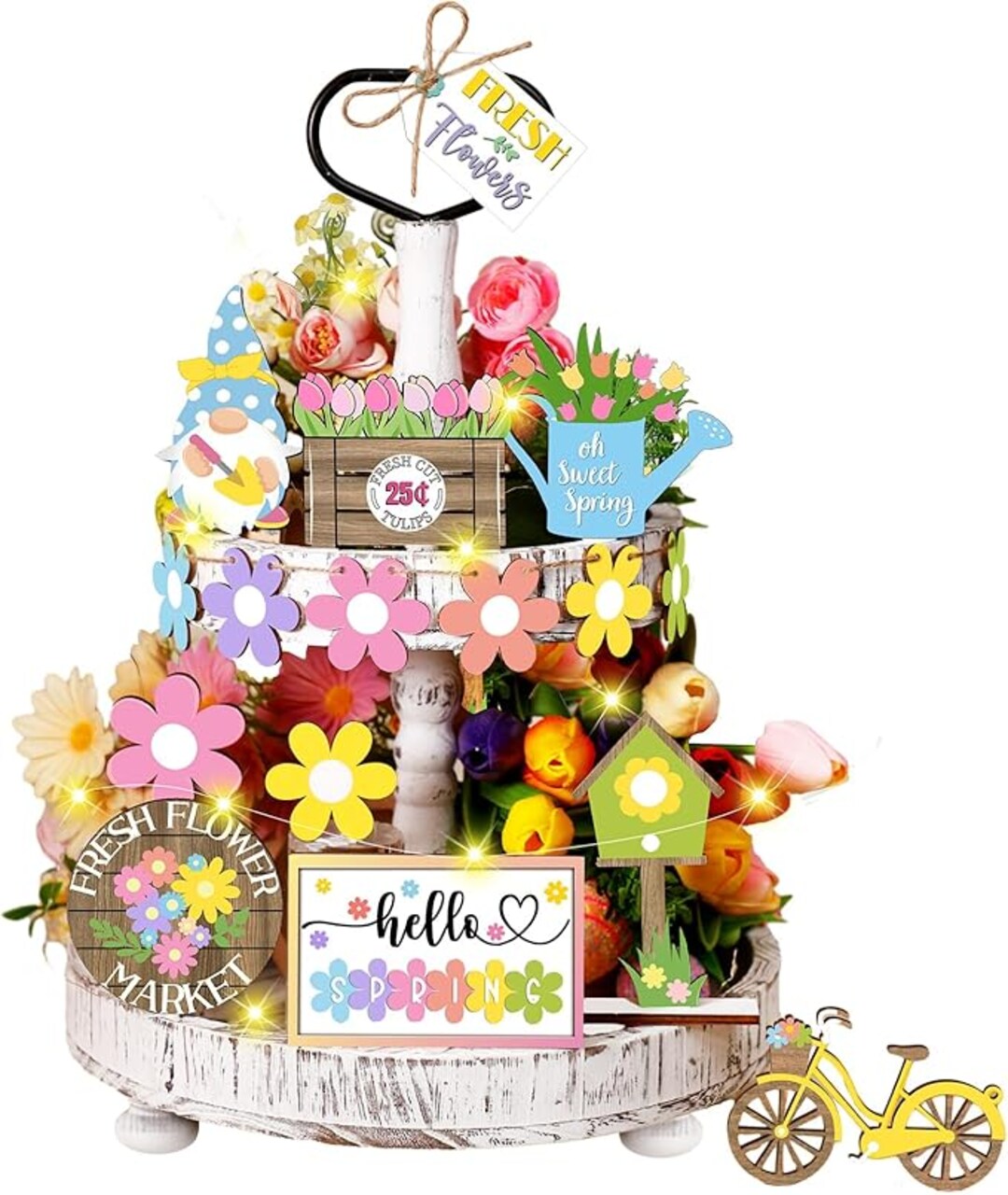 21 Pcs Spring Flower Tiered Tray Decor Set Hello Spring Wooden Table Sign Fresh Flower Gnome Tabletop Block Rustic Farmhouse Decor for Home Party Favor Kitchen Table Shelf